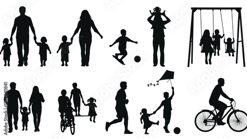 Collection of diverse family and individual silhouettes engaged in various outdoor activities.