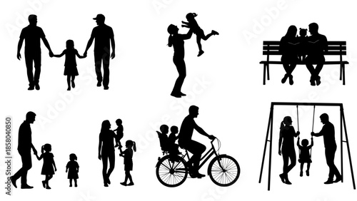 Silhouettes of families and children enjoying various outdoor activities together.