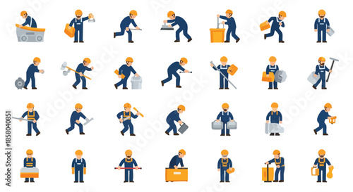 Diverse Construction Workers Performing Various Tasks with Tools and Equipment depicted in a Grid Layout for visual representation