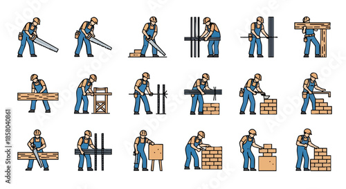 Construction workers engaged in various building and carpentry tasks demonstrating diverse manual labor skills on a white background