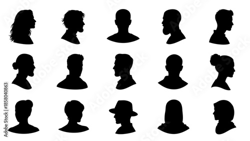A collection of diverse black silhouettes of human heads and shoulders, showcasing various hairstyles and facial profiles.
