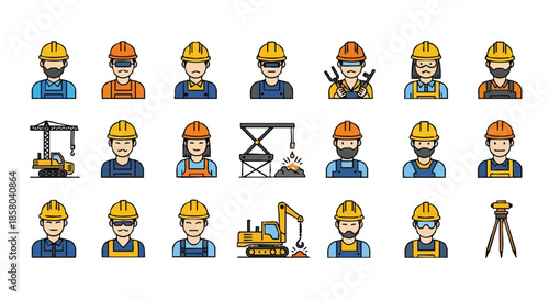Diverse Construction Worker Icons and Equipment Representing a Modern Workforce Engaged in Various Building and Industrial Tasks