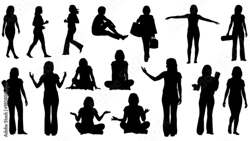 A collection of diverse silhouette images of women in various poses and activities, showcasing different postures and actions.