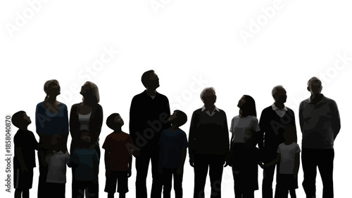 A diverse group of people of various ages, from children to adults, are silhouetted against a bright white background.