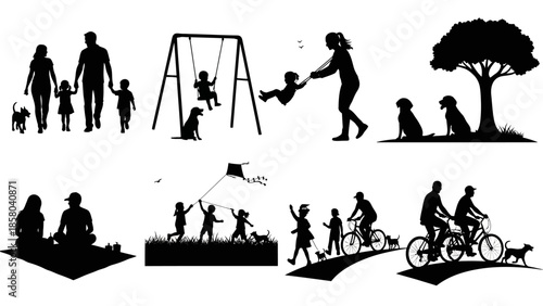 Collection of silhouettes depicting families and individuals enjoying outdoor activities with pets and children.