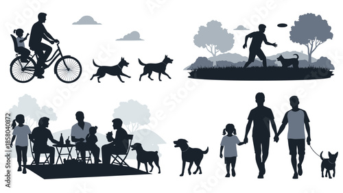 Silhouettes of people and dogs enjoying various outdoor activities like cycling, playing fetch, picnicking, and walking in a park.
