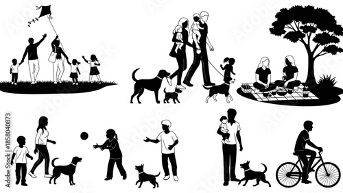 Silhouettes of families and individuals enjoying outdoor activities like flying kites, walking dogs, picnicking, playing ball, and cycling.