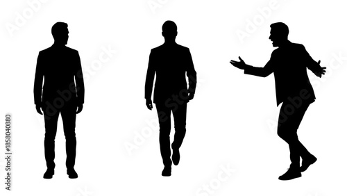 Three silhouettes of men in suits, one standing, one walking, and one gesturing enthusiastically.