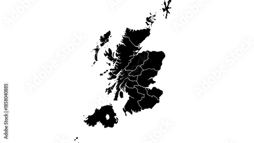 A black and white map of Scotland, highlighting its various regions and islands.
