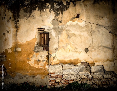 Weathered exterior of an old building, featuring a small window and exposed brick foundation