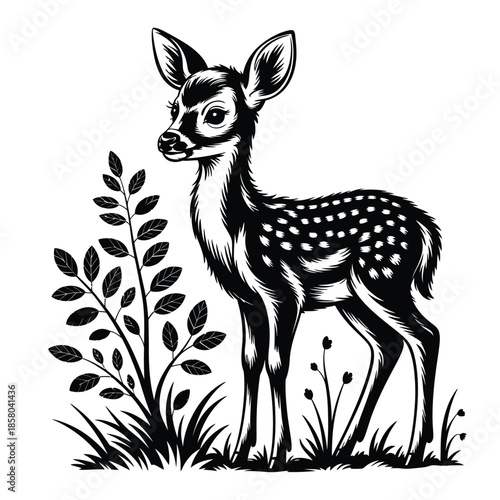 A charming black and white illustration of a spotted young deer