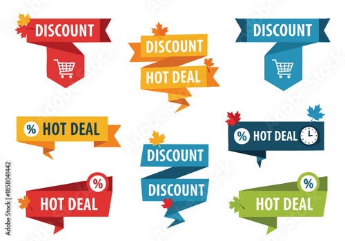 Collection of Flat Design Discount and Hot Deal Sale Banners with Autumnal Leaf Accents for Retail Promotions