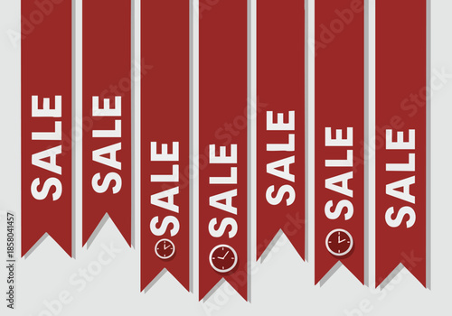 Multiple red vertical sale banners featuring subtle timer icons on a clean grey background suitable for digital marketing and promotional layouts