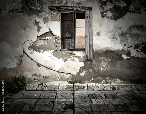Weathered facade shows exposed bricks, an open shuttered window, and a stone tiled floor