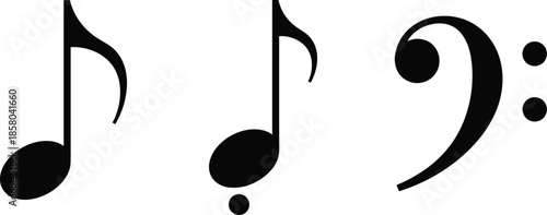 Musical symbols silhouette vector, eighth note, dotted note, bass clef illustration, black icon design, music theory, rhythm, notation, education
