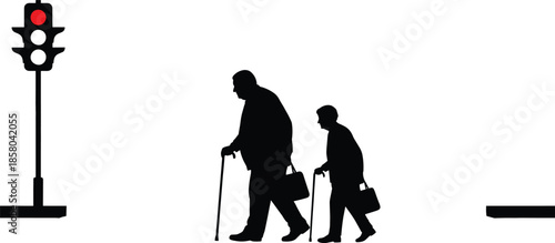 Silhouette of elderly people crossing street, traffic light safety scene, vector illustration for urban mobility, senior care, pedestrian awareness, and road design