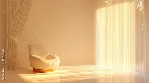 Minimalist interior room bathed in warm golden sunlight streaming through sheer window coverings