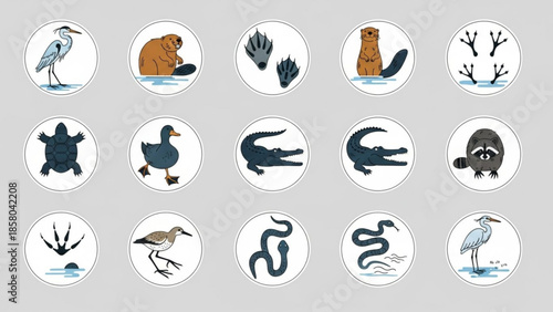 Collection of wild animal icons including beaver alligator and bird for nature and wildlife themes isolated on grey background