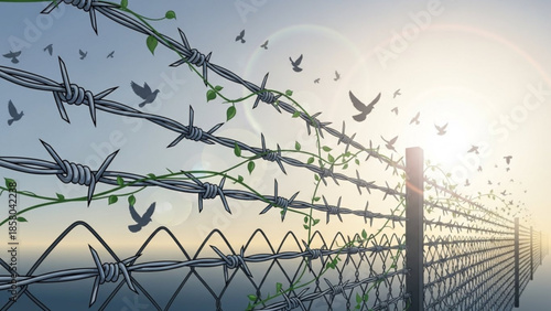 Barbed wire fence with growing vines and birds flying towards the sun symbolizing freedom and hope