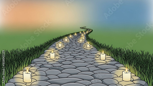 Stone path illuminated by candles leading towards a sunset symbolizing journey and hope illustration