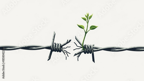 Green sprout breaking through barbed wire symbolizing hope and freedom concept of growth and resilience against obstacles