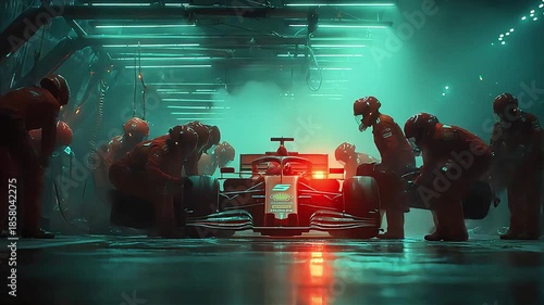 Formula One Race Car . Pit Crew Servicing Vehicle in the Pit Lane. Blurred Pit Crew in Background.