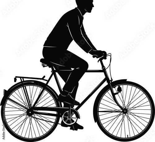 Silhouette of person riding bicycle, black vector illustration, cycling posture, outdoor activity, transportation, exercise, lifestyle, movement, road bike, pedal motion