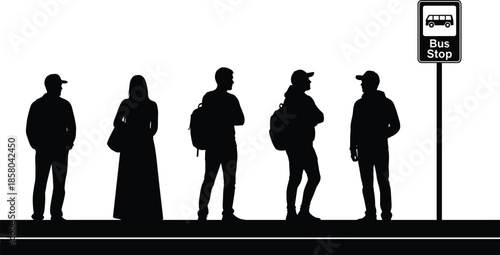 Urban bus stop silhouette with waiting passengers, public transportation scene, vector illustration for travel, commute, city life, and transit design content