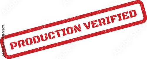Red grunge effect rubber stamp with PRODUCTION VERIFIED text in a rectangular frame for quality control