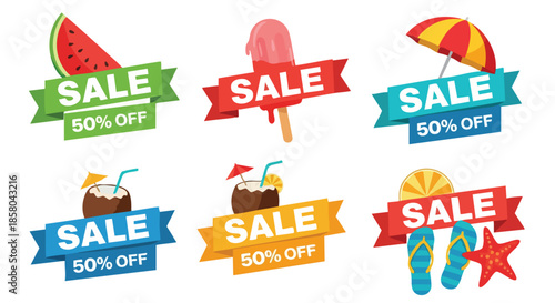 Diverse collection of vibrant summer sale badges with tropical and beach elements on a white background for promotional graphics