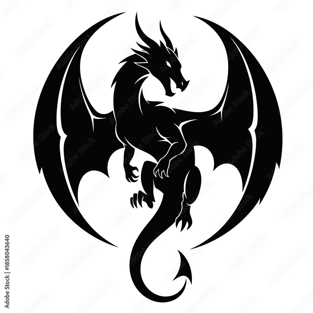 Fototapeta premium Striking black silhouette of a mythical dragon with outstretched wings, forming a powerful circular emblem on a white background.