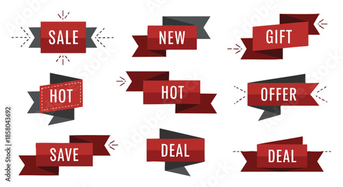 Collection of modern flat design promotional marketing ribbons and banners isolated on a clean white background for e-commerce and advertising use