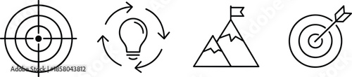 Business goal icons with target lightbulb mountain and arrow Keywords: target, goal, objective