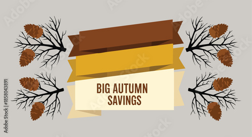 Autumn sale banner with pinecones and bare branches on a neutral grey background for seasonal promotional graphic design