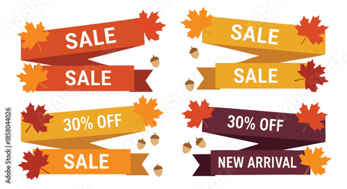 Vibrant autumn seasonal sale and discount promotional banner elements on a clean white background for marketing materials