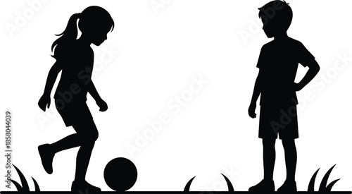 Children silhouette playing soccer football, boy and girl with ball outdoor activity isolated on white background for education concept