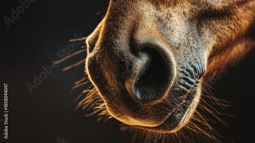 Extreme close up view captures the texture and detail of a mammalian muzzle against a dark background