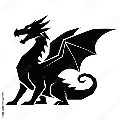 A black silhouette of a mythical dragon with wings spread wide, sitting with its mouth open.
