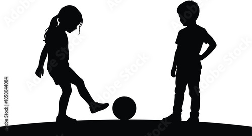 Children silhouettes playing football soccer game, boy and girl with ball isolated on white background for education concept creative design