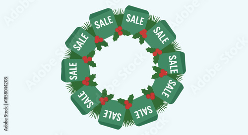 Christmas sale tags wreath on light blue background for holiday shopping promotion graphics