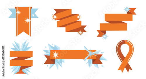 Set of diverse orange ribbon banners and a loop with sparkling ice shard accents on a clean white background for graphic design purposes