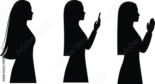 Female silhouette profile using smartphone and praying gesture, modern communication and spirituality concept isolated on white background minimal design