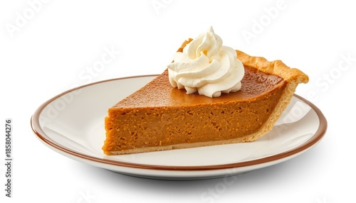 Pumpkin pie slice on a plate with white background for a classic seasonal dessert theme