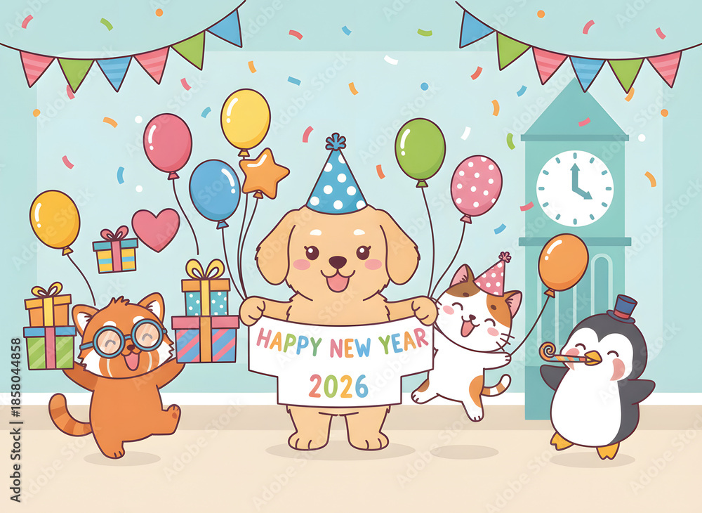 Fototapeta premium Festive cartoon animals celebrating new year 2026 with balloons and gifts