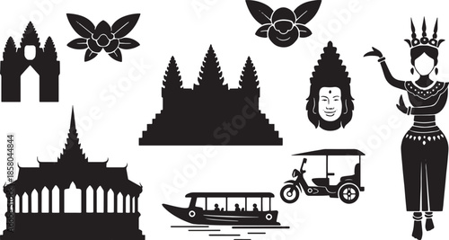 Cambodia Travel Landmark Vector Icons Set, Angkor Wat Temple, Apsara Dancer, Tuk Tuk Silhouettes