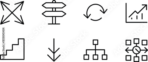 Set Of Eight Business And Navigation Line Icons On White Background Keywords: arrows, direction