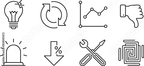 Set Of Eight Business And Technology Line Icons On White Background Keywords: light bulb, broken
