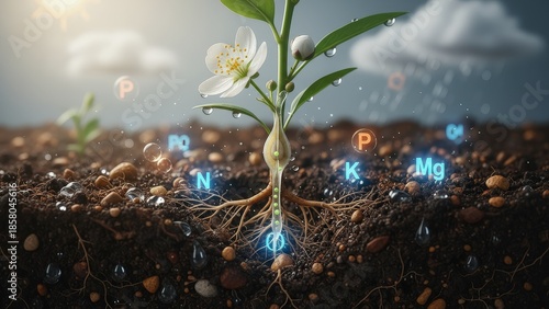 Wallpaper Mural Growth of a Plant with Nutrient Elements in Soil and Water Droplets Reflecting Sunshine Torontodigital.ca