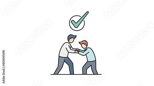 Two men holding hands with a checkmark above them.