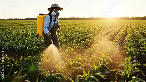 A farmer spraying pesticides on corn crops during sunset.